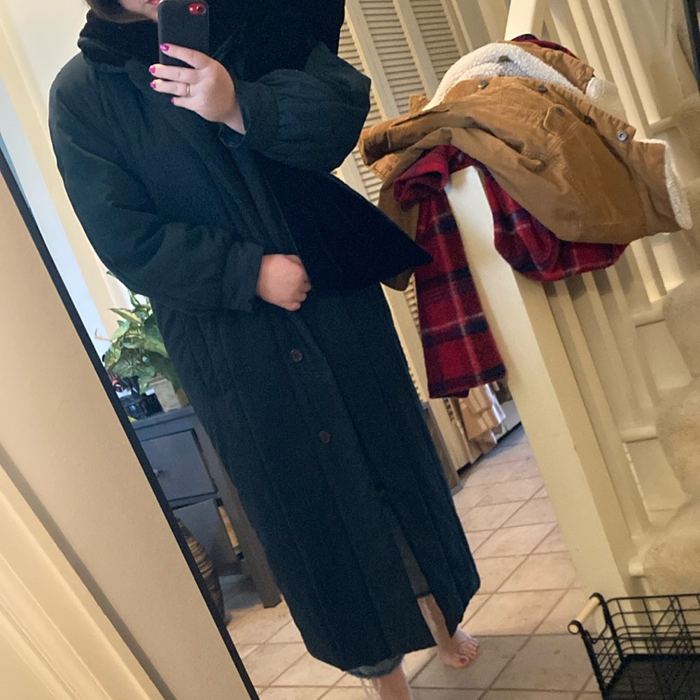 VINTAGE Jones New York Faux Suede Forest Green Long Coat Velvet Collar Size S